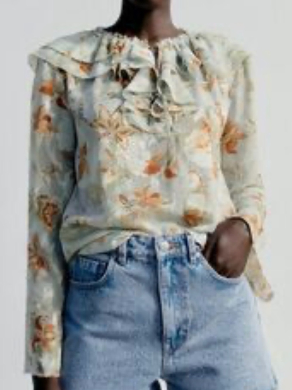 Zara Sage Floral Ruffle-Neck Long Sleeve Blouse